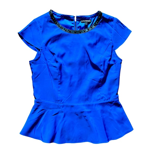 Express Women's Blue Peplum Short Sleeve Blouse with Edgy Stud Detail Rockabilly - Picture 1 of 11